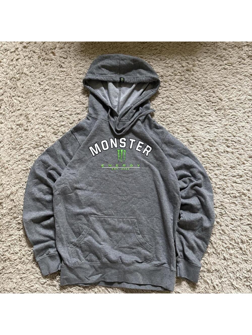 Mens Gray Monster Energy hoodie with green logo